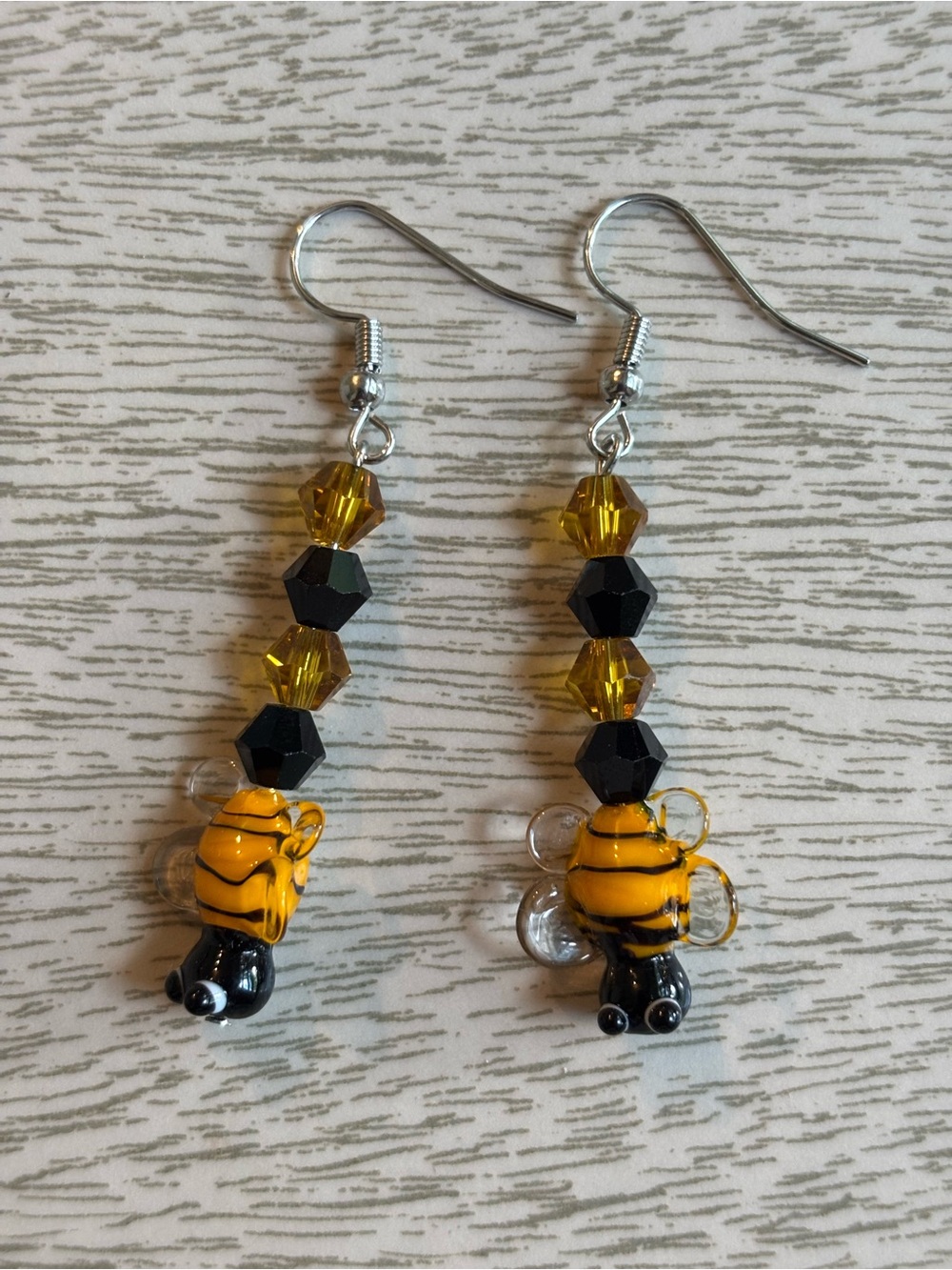 Hand Crafted Yellow and Black Bee Glass Bead Drop Earrings